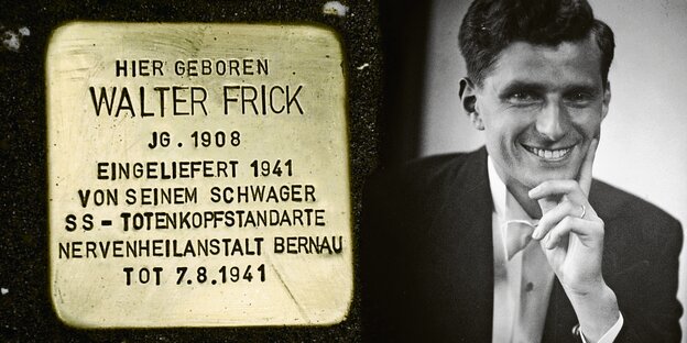 Eine Gedenktafel neben einem Foto von Walter Frick Eine Gedenktafel neben einem Foto von Walter Frick