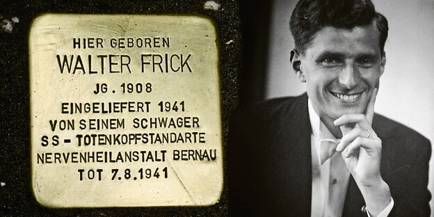 Eine Gedenktafel neben einem Foto von Walter Frick