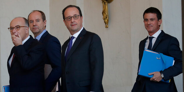 Vier französische Politiker, in der Mitte Hollande Vier französische Politiker, in der Mitte Hollande