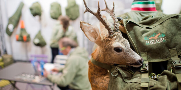 Ein künstlicher Hirsch schaut aus einem Rucksack Ein künstlicher Hirsch schaut aus einem Rucksack