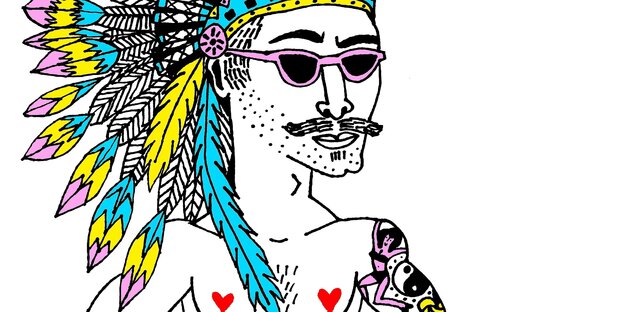 Ilustration eines verkleideten, tättowierten Mannes Ilustration eines verkleideten, tättowierten Mannes