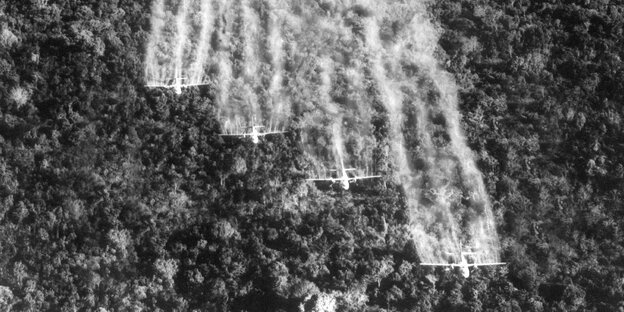 vier Flugzeuge versprühen Baumentlaubungsmittel über dem Dschungel vier Flugzeuge versprühen Baumentlaubungsmittel über dem Dschungel