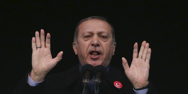 Recep Tayyip Erdogan steht hinter einem Mikrofon, öffnet den Mund und hebt die Hände Recep Tayyip Erdogan steht hinter einem Mikrofon, öffnet den Mund und hebt die Hände