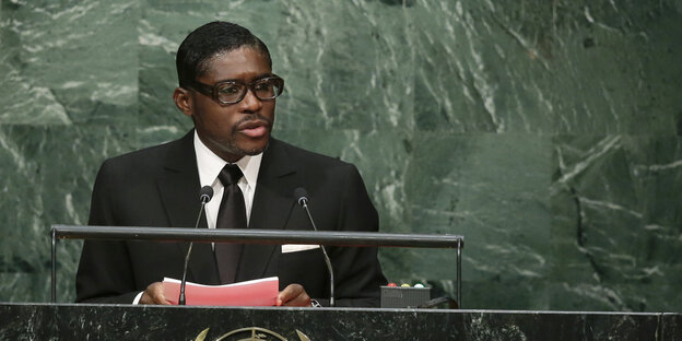 Teodoro Obiang Mangue steht an einem Rednerpult im UN-Hauptquartier Teodoro Obiang Mangue steht an einem Rednerpult im UN-Hauptquartier
