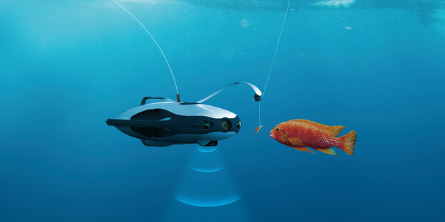Ein Angeroboter hält einem Fisch eine Angeschnur hin Ein Angeroboter hält einem Fisch eine Angeschnur hin