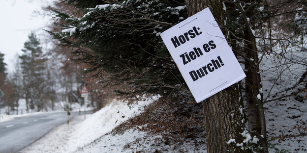 An einem Baum neben einer Straße hängt ein Schild mit der Aufschrift „Horst: Zieh es durch!“ An einem Baum neben einer Straße hängt ein Schild mit der Aufschrift „Horst: Zieh es durch!“