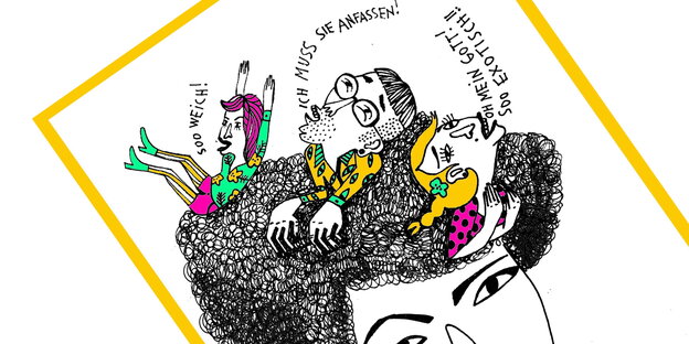 eine Illustration zeigt in Frau, in ihrem Haar drei Personen eine Illustration zeigt in Frau, in ihrem Haar drei Personen