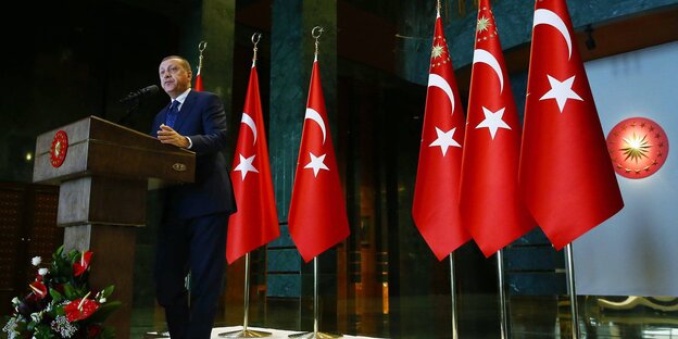 Foto aus der Froschperspektive: Ein Mann in Anzug an einem Podest, hinter ihm türkische Nationalflaggen Foto aus der Froschperspektive: Ein Mann in Anzug an einem Podest, hinter ihm türkische Nationalflaggen