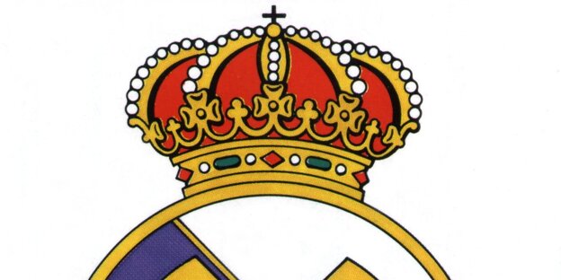 Das Logo von Real Madrid im Zoom mit Krone und daraufplatziertem Kreuz über den Vereinsinitialien Das Logo von Real Madrid im Zoom mit Krone und daraufplatziertem Kreuz über den Vereinsinitialien