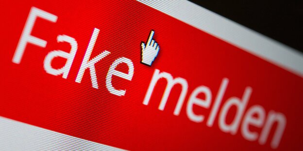Ein Computerbildschirm mit der Aufschrift "Fake melden" in weiß auf rotem Grund, darüber ein Mauszeiger Ein Computerbildschirm mit der Aufschrift "Fake melden" in weiß auf rotem Grund, darüber ein Mauszeiger