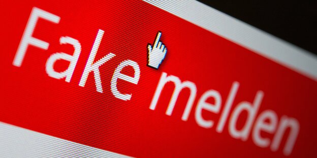 Ein Computerbildschirm mit der Aufschrift "Fake melden" in weiß auf rotem Grund, darüber ein Mauszeiger