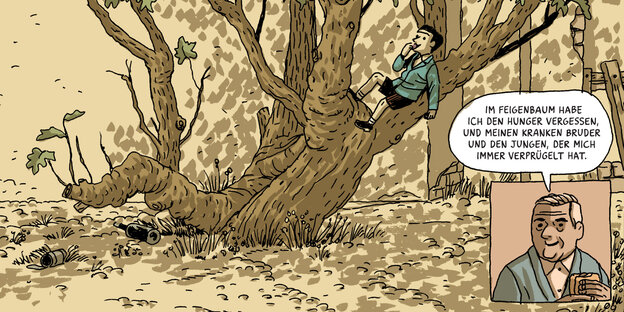 Eine Zeichnung zeigt einen Jungen, der in einem Baum sitzt und eine Frucht isst Eine Zeichnung zeigt einen Jungen, der in einem Baum sitzt und eine Frucht isst