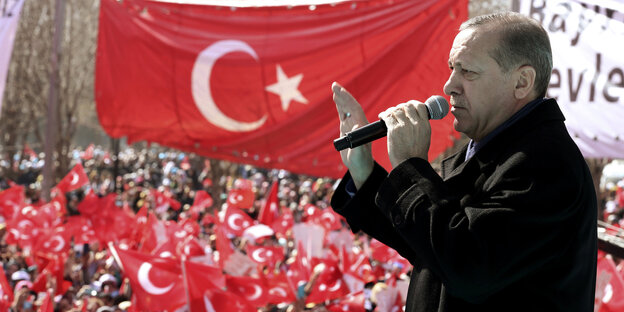 Erdoğan vor türkischen Nationalflaggen Erdoğan vor türkischen Nationalflaggen