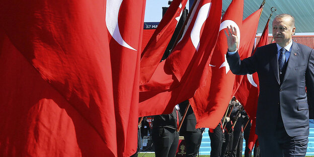 Erdoğan läuft zwischen Reihen türkischer Fahnen Erdoğan läuft zwischen Reihen türkischer Fahnen