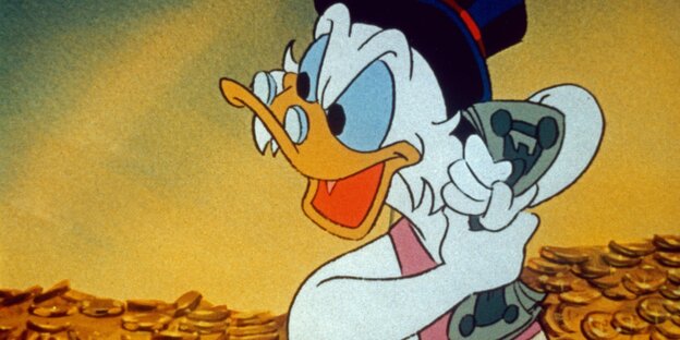 Eine Szene aus der Comic-Serie "Neues aus Entenhausen": Eine Zeichentrick-Ente mit Zylinder und Brille hält Geldscheine umklammert Eine Szene aus der Comic-Serie "Neues aus Entenhausen": Eine Zeichentrick-Ente mit Zylinder und Brille hält Geldscheine umklammert