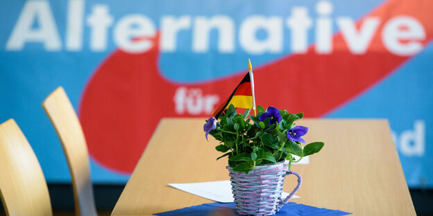 Ein Bkumenstrauß mit Deutschlandfahne im Vordergrund, dahinter AfD-Parteilogo Ein Bkumenstrauß mit Deutschlandfahne im Vordergrund, dahinter AfD-Parteilogo