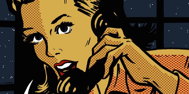 Eine Comiczeichnung einer Frau mit gestresstem Gesichtsausdruck die einen Telefonhörer hält Eine Comiczeichnung einer Frau mit gestresstem Gesichtsausdruck die einen Telefonhörer hält
