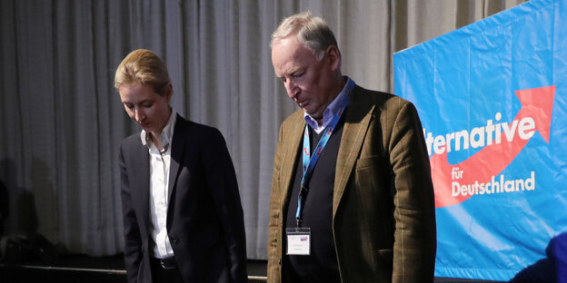 Alice Weidel und Alexander Gauland stehen mit gesenkten Köpfen nebeneinander Alice Weidel und Alexander Gauland stehen mit gesenkten Köpfen nebeneinander
