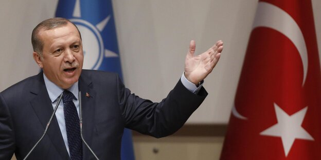 Erdoğan, selbstbewusst vor einer türkischen Flagge Erdoğan, selbstbewusst vor einer türkischen Flagge