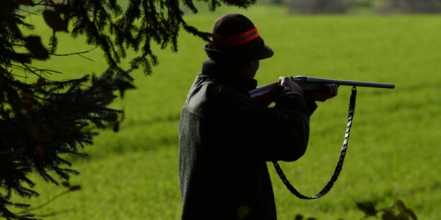 Ein Jäger steht während einer Treibjagd mit seinem Gewehr schussbereit am Waldrand. Ein Jäger steht während einer Treibjagd mit seinem Gewehr schussbereit am Waldrand.