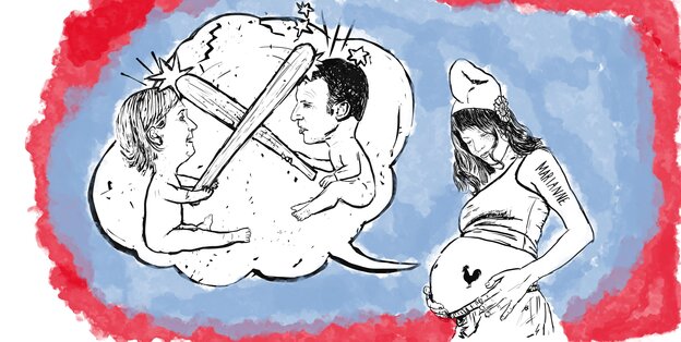 Illustration einer schwangeren "Marianne" und kämpfenden Politikern Le Pen und Macron Illustration einer schwangeren "Marianne" und kämpfenden Politikern Le Pen und Macron