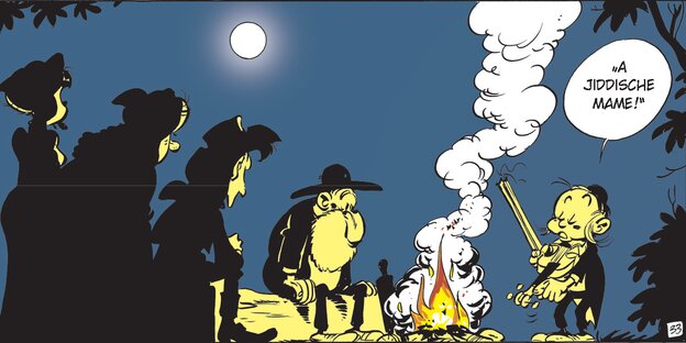 Lucky Luke und seine Begleiter sitzen am Lagerfeuer. Ein orthodox gekleideter Junge spielt auf seiner Geige ein jüdisches Lied. Lucky Luke und seine Begleiter sitzen am Lagerfeuer. Ein orthodox gekleideter Junge spielt auf seiner Geige ein jüdisches Lied.
