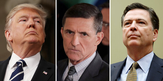 Donald Trump, Michael Flynn und James Comey im Porträt Donald Trump, Michael Flynn und James Comey im Porträt