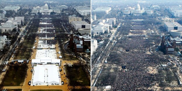 Die Washington Mall mit vielen menschen bei der Amtseinführung Barack Obamas und weniger Menschen bei der Amtseinführung Donald Trumps Die Washington Mall mit vielen menschen bei der Amtseinführung Barack Obamas und weniger Menschen bei der Amtseinführung Donald Trumps