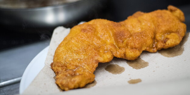 Ein Wiener Schnitzel liegt auf einem weißen Teller Ein Wiener Schnitzel liegt auf einem weißen Teller