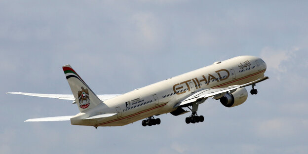Ein Etihad-Flugzeug steigt vor blaßblauem Himmel auf Ein Etihad-Flugzeug steigt vor blaßblauem Himmel auf