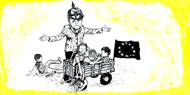Illustration mit Bundeskanzlerin Angla Merkel mit Pickelhaube, während ihre europäischen Kinder im Bollerwagen sitzen und raufen. Das britische Kind ist aus dem Wagen gefallen. Illustration mit Bundeskanzlerin Angla Merkel mit Pickelhaube, während ihre europäischen Kinder im Bollerwagen sitzen und raufen. Das britische Kind ist aus dem Wagen gefallen.