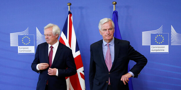 David Davis und Michael Barnier vor Flaggen David Davis und Michael Barnier vor Flaggen