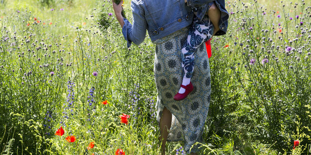 Eine Frau läuft mit ihrer Tochter auf dem Arm über eine Blumenwiese, fotografiert von hinten Eine Frau läuft mit ihrer Tochter auf dem Arm über eine Blumenwiese, fotografiert von hinten