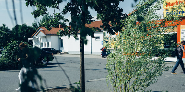 Ein kleiner Baum, im Hintergrund der Supermarkt Ein kleiner Baum, im Hintergrund der Supermarkt