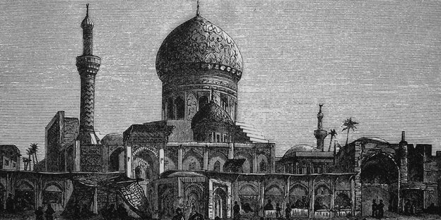 ein Holzschnitt zeigt eine Moschee ein Holzschnitt zeigt eine Moschee