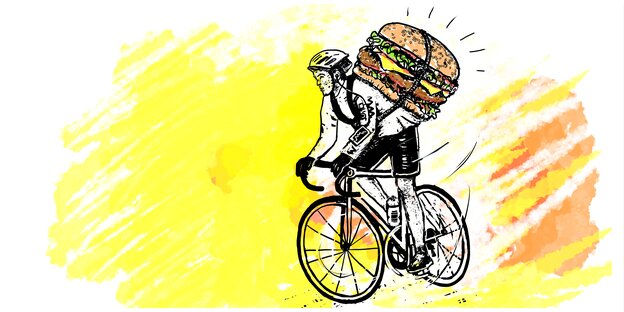 Zeichnung eines Mannes auf einem Fahrrad mit Deliveroo-Rucksack in Form eines Burgers Zeichnung eines Mannes auf einem Fahrrad mit Deliveroo-Rucksack in Form eines Burgers