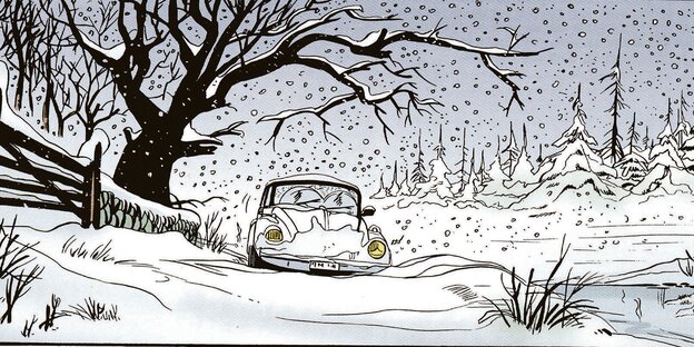 Zeichnung eines VW in einer verschneiten Landschaft Zeichnung eines VW in einer verschneiten Landschaft
