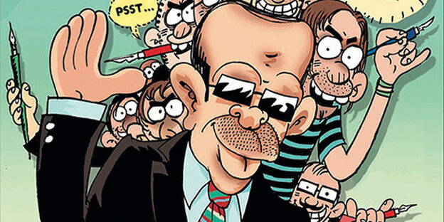 Eine Comic-Zeichnung zeigt mehrer Menschen, die hinter einem Mann stehen Eine Comic-Zeichnung zeigt mehrer Menschen, die hinter einem Mann stehen