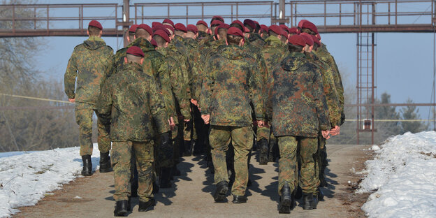 Eine Gruppe Soldaten ist von hinten zu sehen