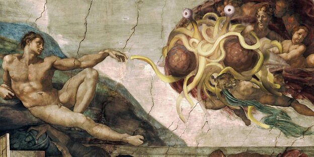 Ein Bild eines nackten Mannes, auf den ein Spaghettimonster zufliegt Ein Bild eines nackten Mannes, auf den ein Spaghettimonster zufliegt