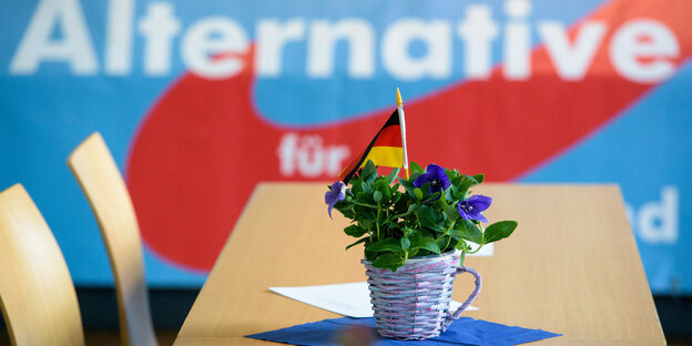 Ein Blumentopf mit Deutschlandfahne steht auf einem Tisch, hinter dem das AfD-Logo zu sehen ist Ein Blumentopf mit Deutschlandfahne steht auf einem Tisch, hinter dem das AfD-Logo zu sehen ist