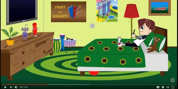 Ein Screenshot eines Youtube-Videos im Comic-Stil, bei dem ein Junge auf seinem Bett sitzt und auf seinem Handy spielt Ein Screenshot eines Youtube-Videos im Comic-Stil, bei dem ein Junge auf seinem Bett sitzt und auf seinem Handy spielt