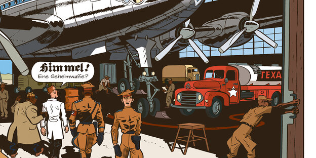 Comiczeichnung von Nazis in einem Hangar vor einem Kampfflugzeug Comiczeichnung von Nazis in einem Hangar vor einem Kampfflugzeug