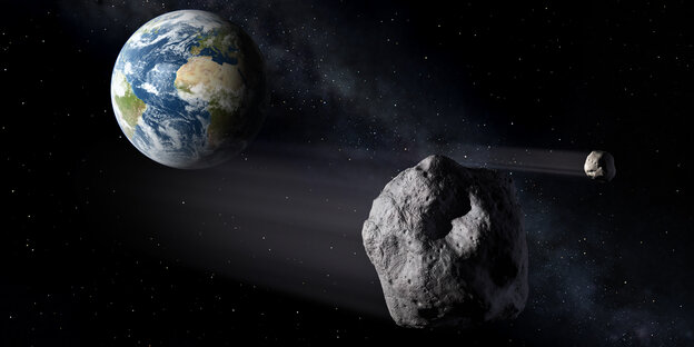 Ein Asteroid fliegt durch das Weltall, im Hintergrund sieht man die Erde Ein Asteroid fliegt durch das Weltall, im Hintergrund sieht man die Erde