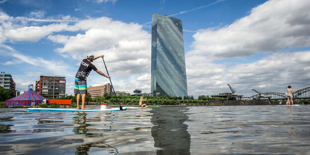 Ein Stand-Up-Paddler ist unterwegs auf dem Main Ein Stand-Up-Paddler ist unterwegs auf dem Main