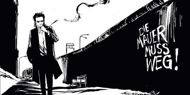 Comicpanel, das den rauchenden Nick Cave neben der Berliner Mauer zeigt Comicpanel, das den rauchenden Nick Cave neben der Berliner Mauer zeigt