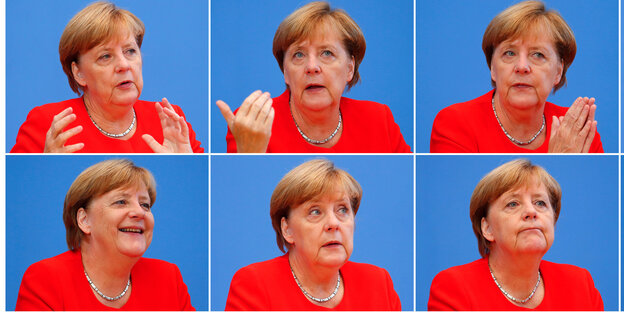 Sechs Fotos von Angela Merkel mit unterschiedlicher Mimik und Gestik Sechs Fotos von Angela Merkel mit unterschiedlicher Mimik und Gestik