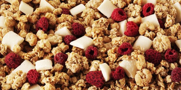 Nahaufnahme von Müsli mit weißen Schokoladenstücken und ganzen Himbeeren Nahaufnahme von Müsli mit weißen Schokoladenstücken und ganzen Himbeeren