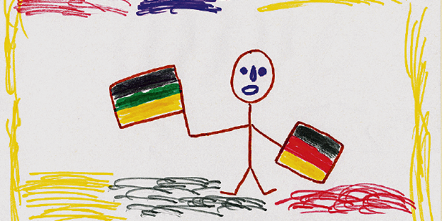 Eine Strichfigur hält eine Jamaika- und eine Deutschland-Flagge Eine Strichfigur hält eine Jamaika- und eine Deutschland-Flagge