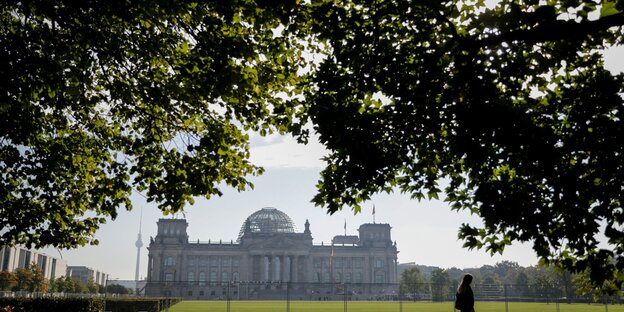 Der Berliner Reichstag im Hintergrund, im Vordergrund von grünen Bäumen umrahmt Der Berliner Reichstag im Hintergrund, im Vordergrund von grünen Bäumen umrahmt